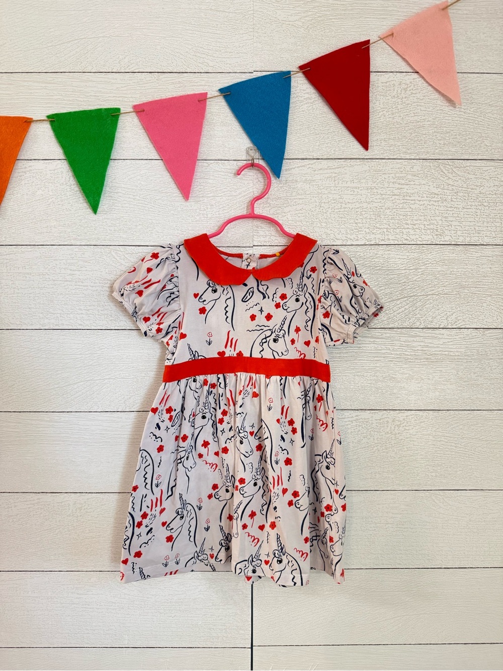 Mini Rodini White Dress with Red Collar and Navy Unicorns